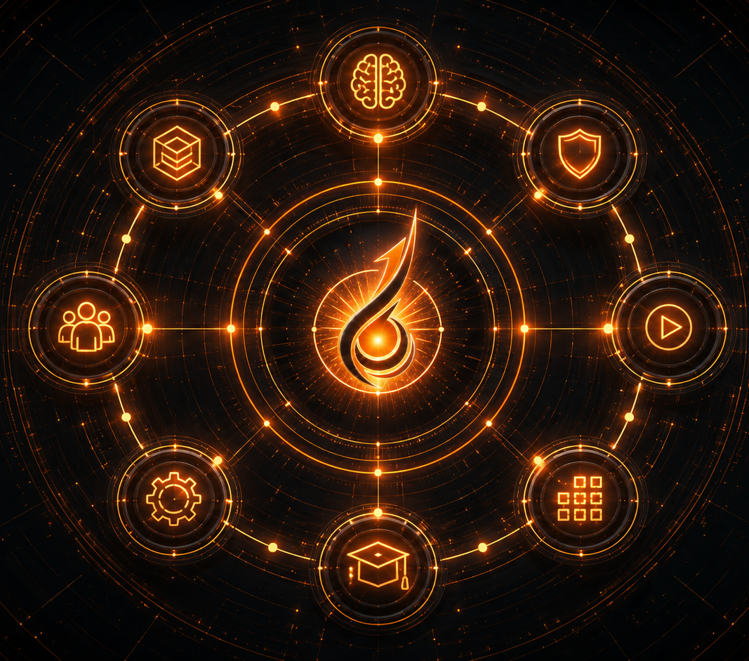 A glowing connected digital ecosystem centered on the Helios architecture